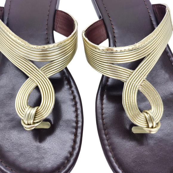 SO Sandals Womens 8 Gold Brown Strappy Summer Rubber Comfy Dressy Thong Flat - Picture 6 of 11